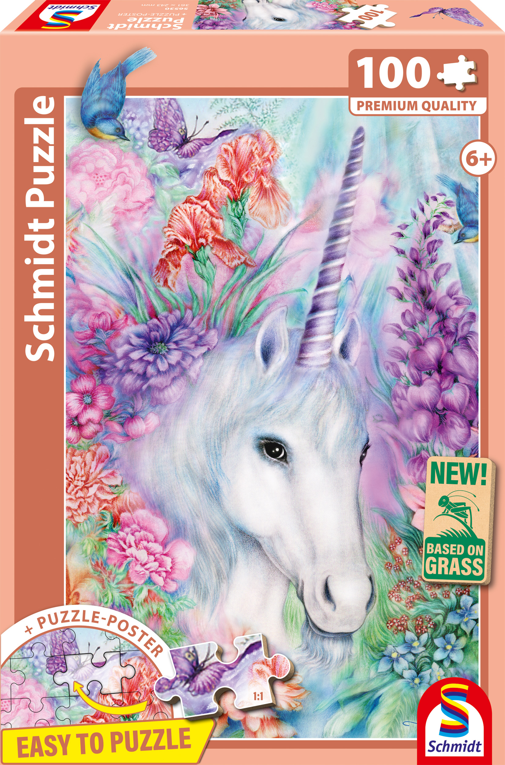 Ein weißes Einhorn mit einem Horn umgeben von bunten Blumen und Schmetterlingen.