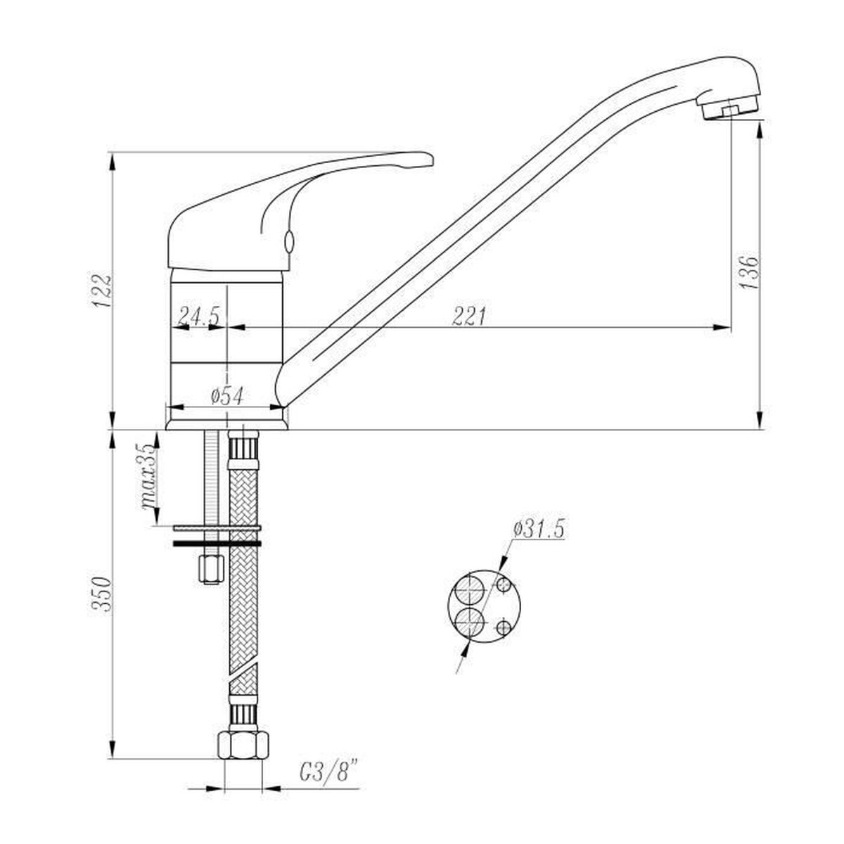 Disegno tecnico di un rubinetto con dimensioni. Una maniglia si trova in alto a sinistra.