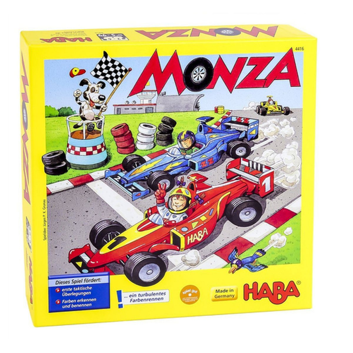Scatola di gioco da tavolo a tema corsa automobilistica, un cane sventola una bandiera.