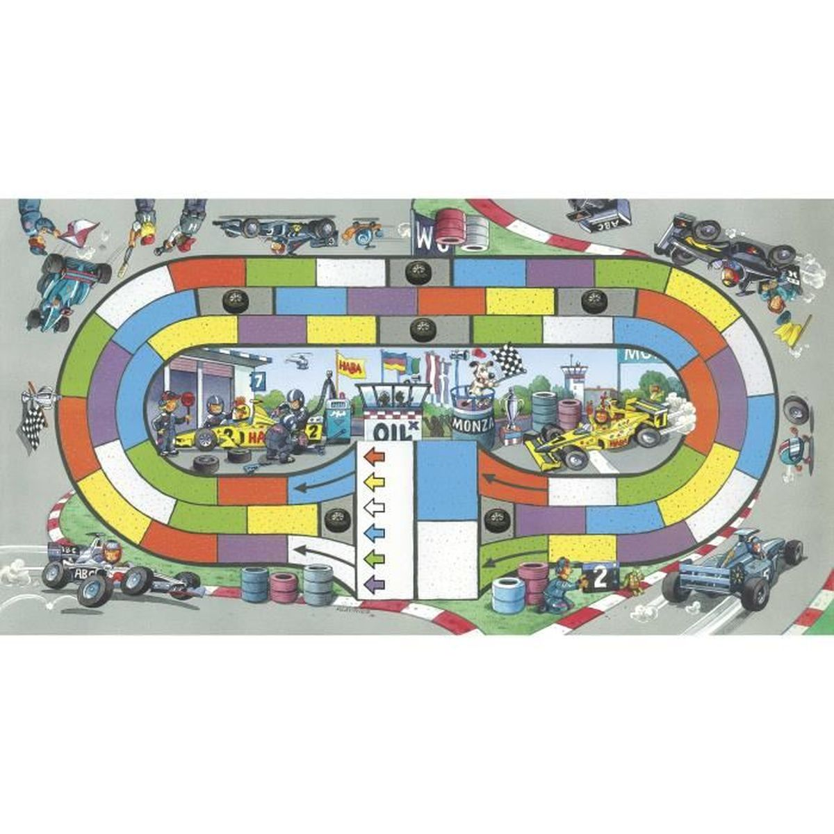 Colorata pista da corsa con auto, piloti e pit stop. Un gioco da tavolo.
