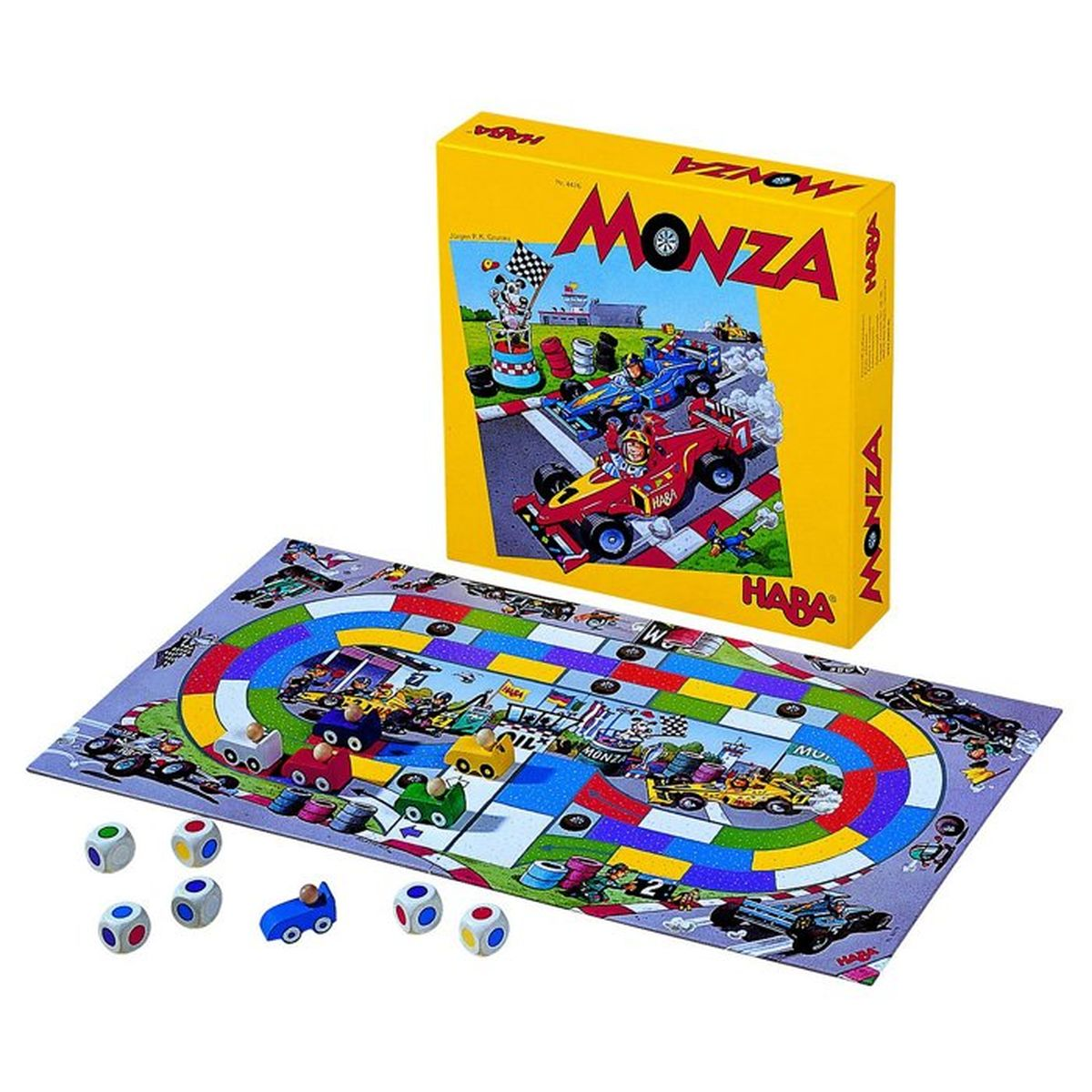 Gioco da tavolo Monza: pista, macchine, dadi e scatola del gioco su sfondo bianco.