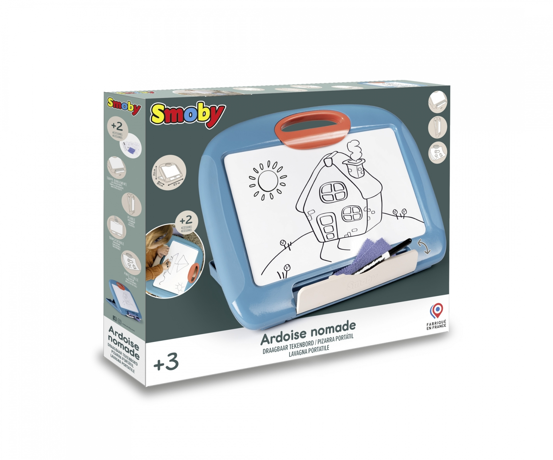 Lavagna Smoby con disegno di casa, sole e penna. Età +3.