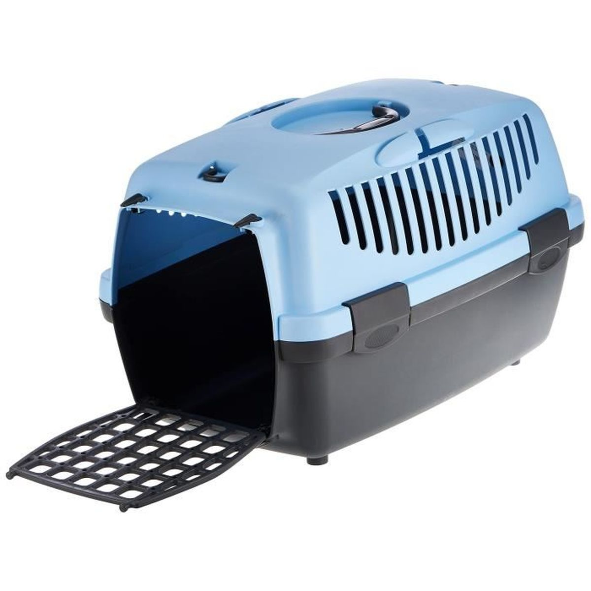 Trasportino per animali azzurro e grigio con porta aperta e rampa a griglia.