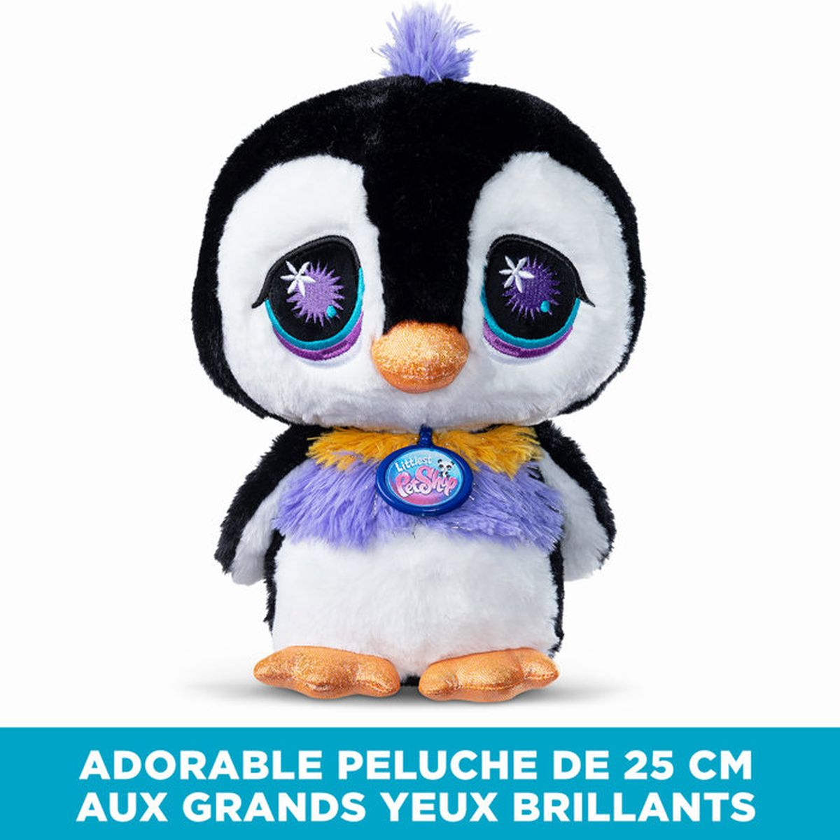 Ein Plüschpinguin mit großen, glitzernden Augen und lila Akzenten.