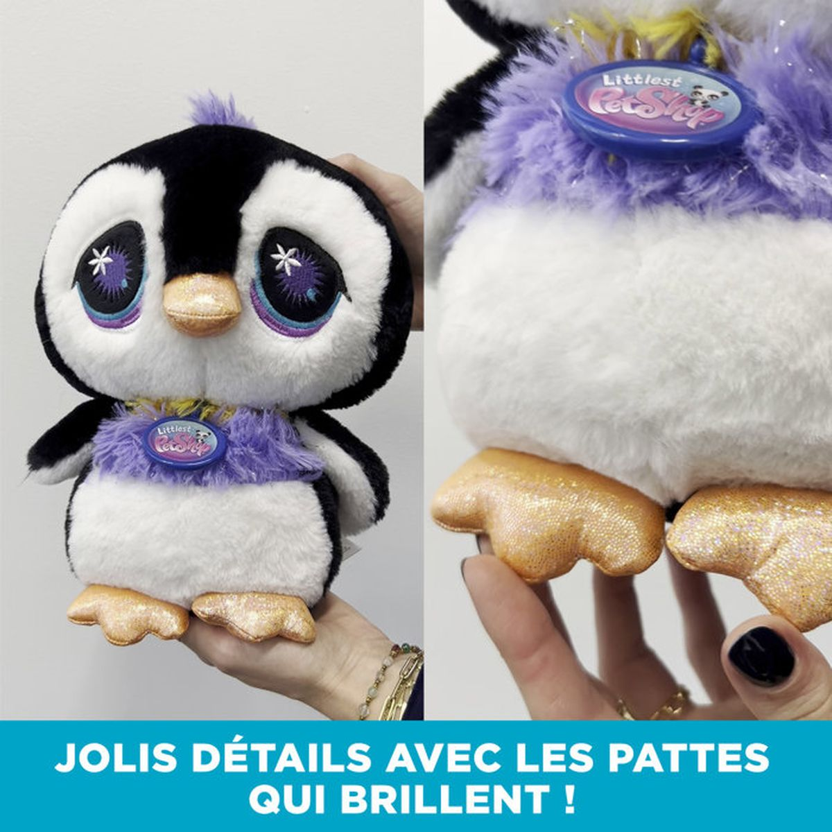 Ein Plüschpinguin mit großen Augen und glitzernden Füßen wird gehalten.