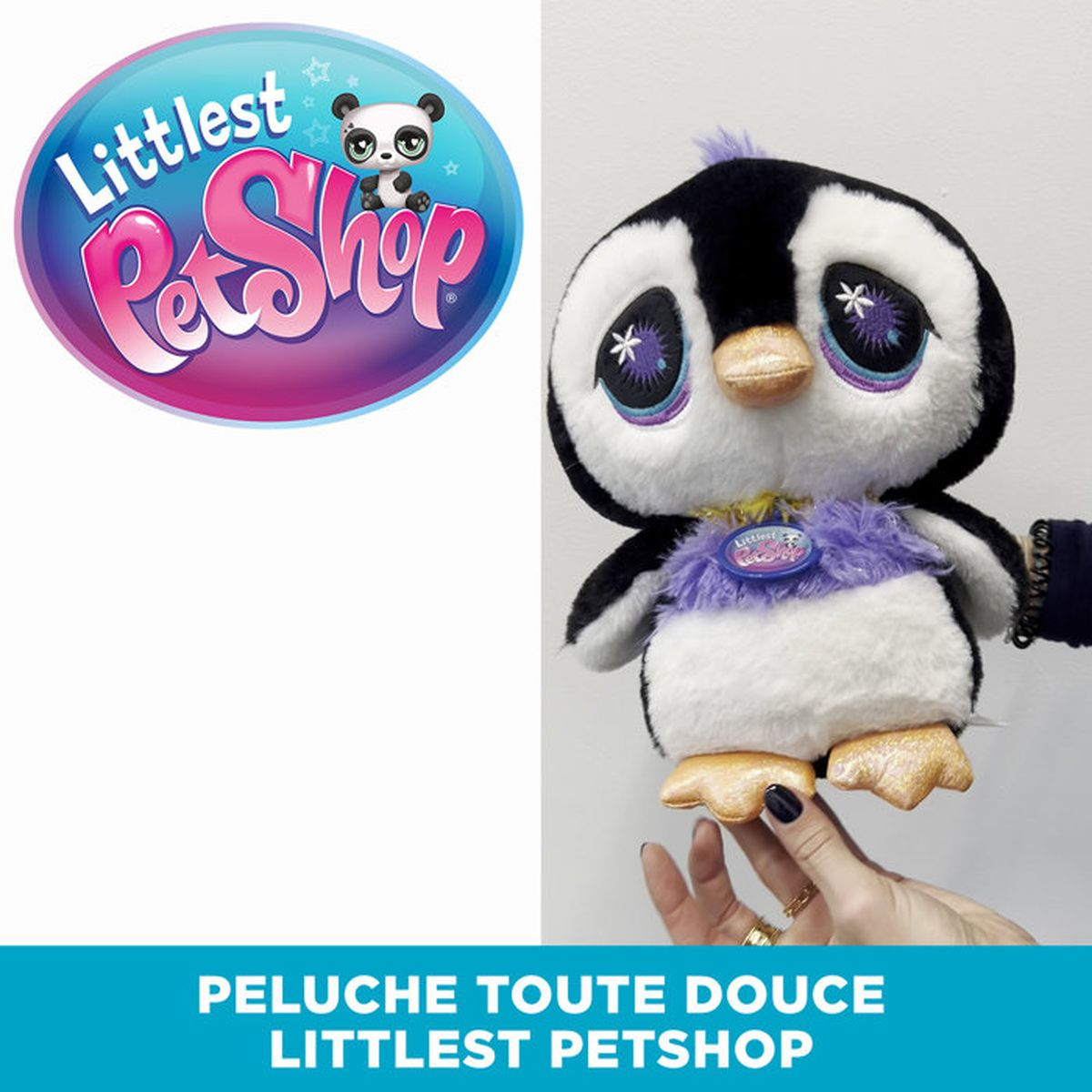 Ein Plüschpinguin mit großen Augen und einem lila Kragen, neben dem Littlest Pet Shop Logo.