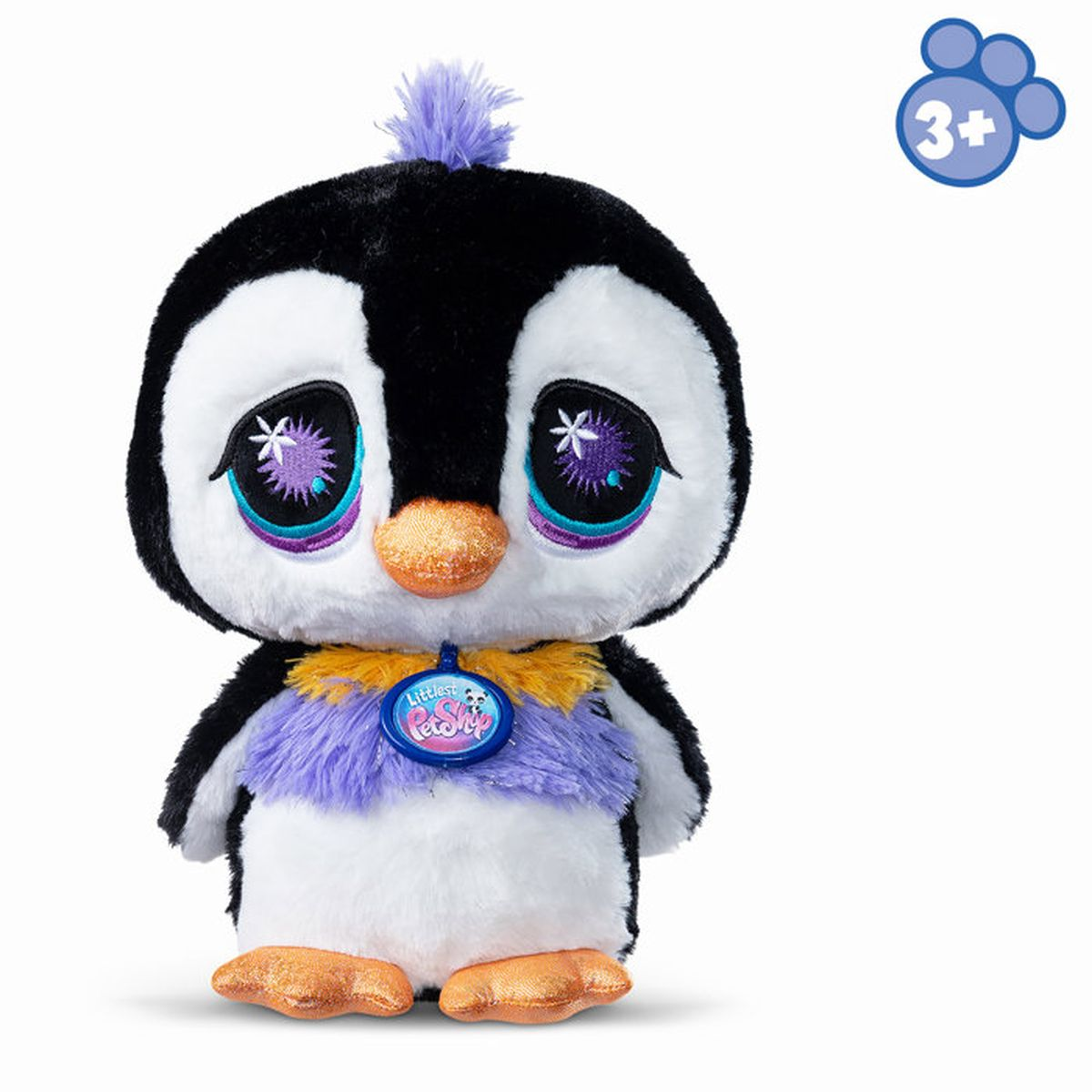Ein Plüschpinguin mit großen Augen, flauschigem Fell und lila Akzenten.
