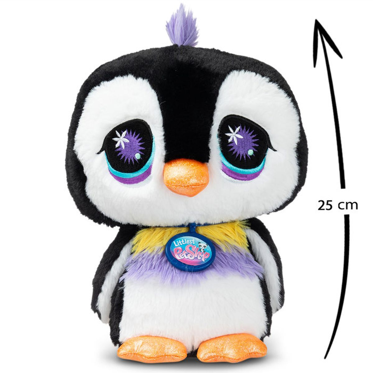 Ein 25cm großes, flauschiges Pinguin-Spielzeug mit großen Augen und einem Anhänger.