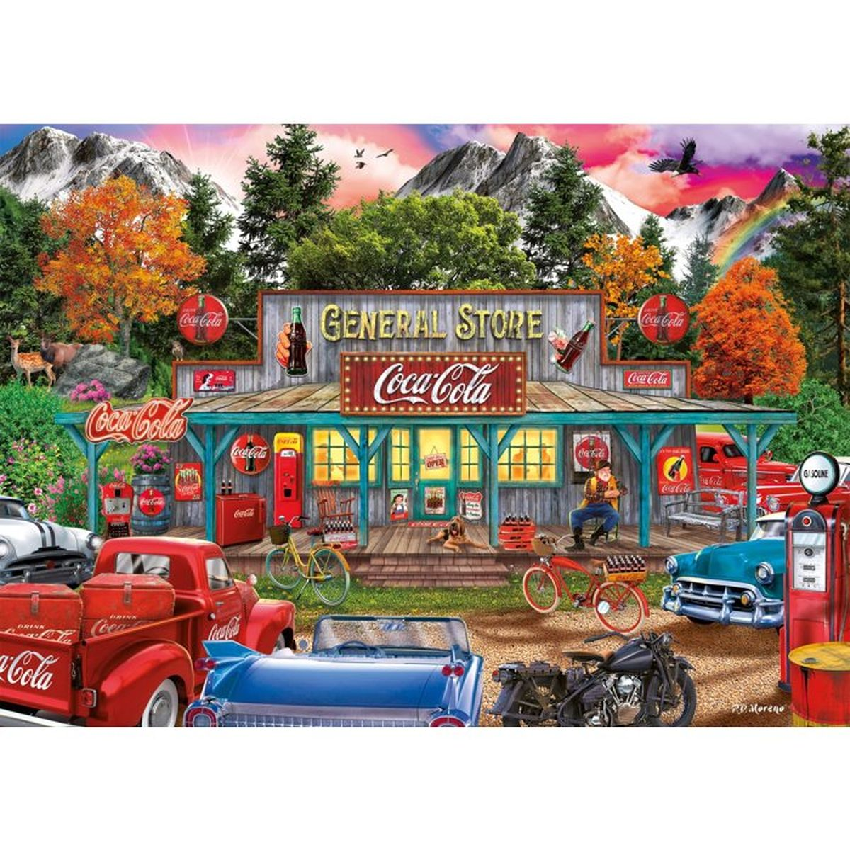 General Store mit Coca-Cola-Logo, Autos, Motorrad und Berglandschaft.