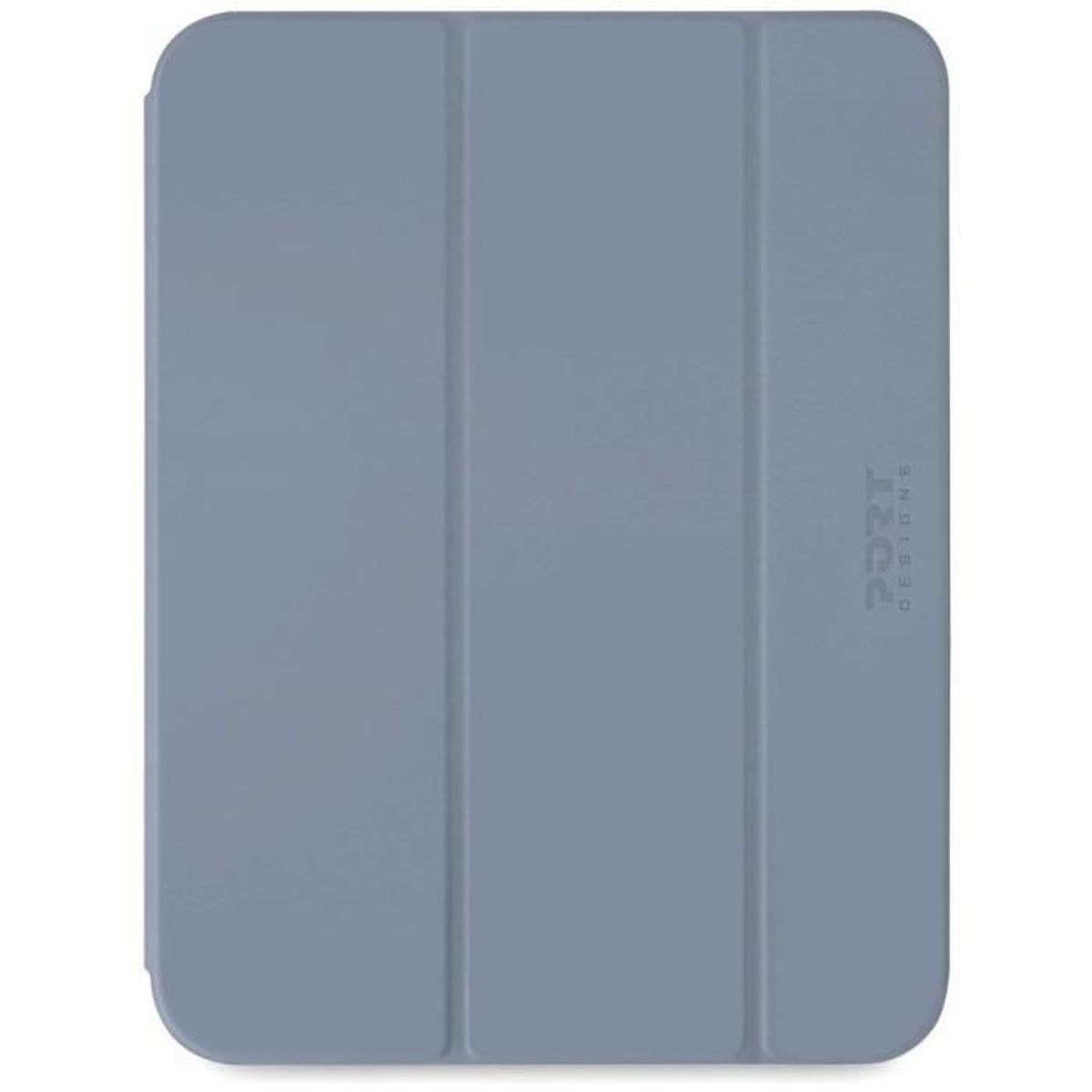 Graue Tablet-Hülle mit vertikalen Falten und dezentem Logo.