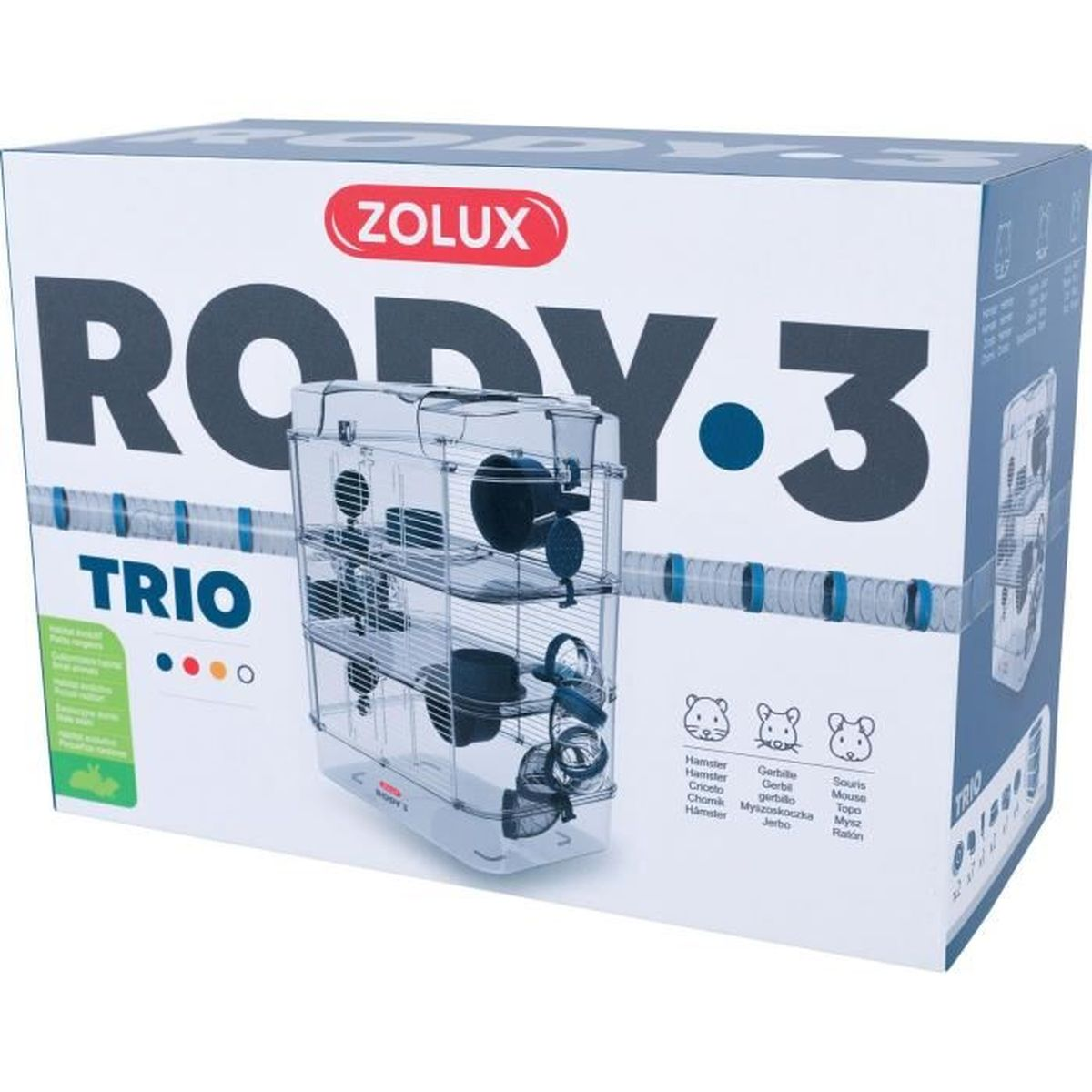 Zolux Rody.3 Trio Hamsterkäfig mit Tunneln, drei Ebenen und Zubehör.