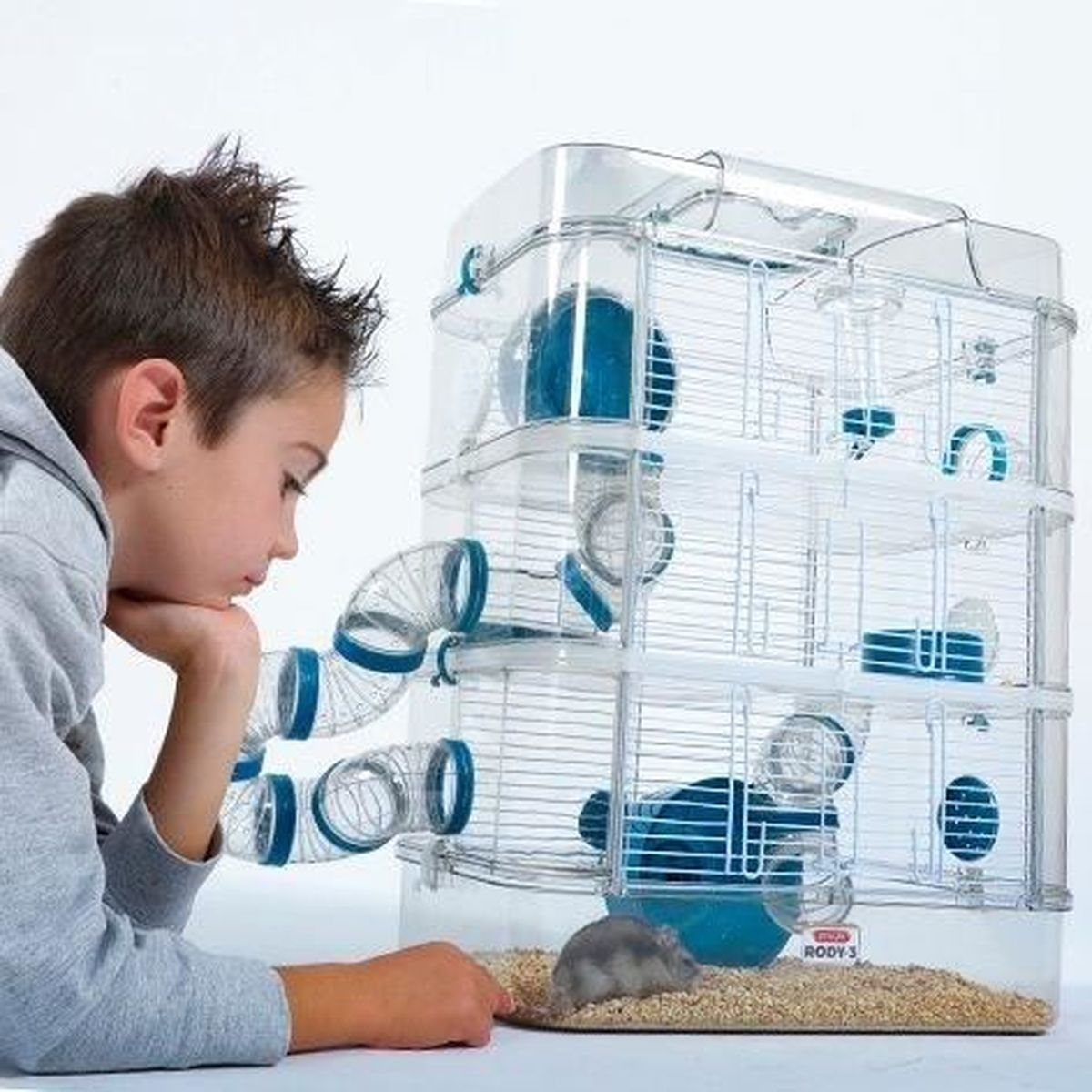 Ein Junge schaut in einen Hamsterkäfig mit Röhren und einem Laufrad.