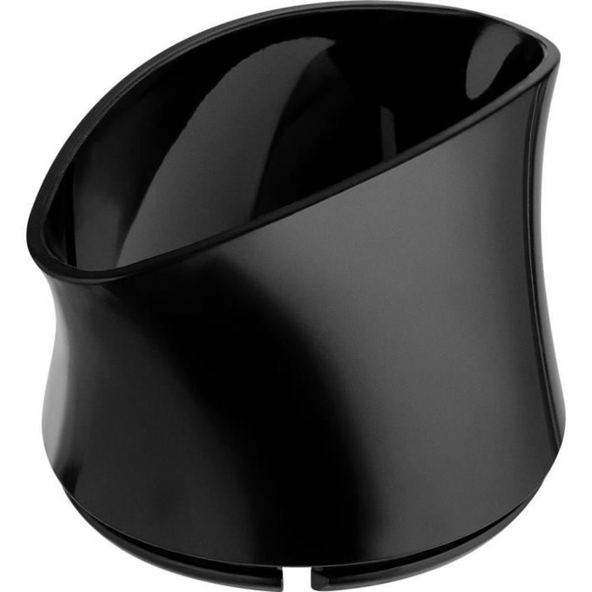 Una tazza nera lucida e stretta con lati curvi e parte superiore aperta.