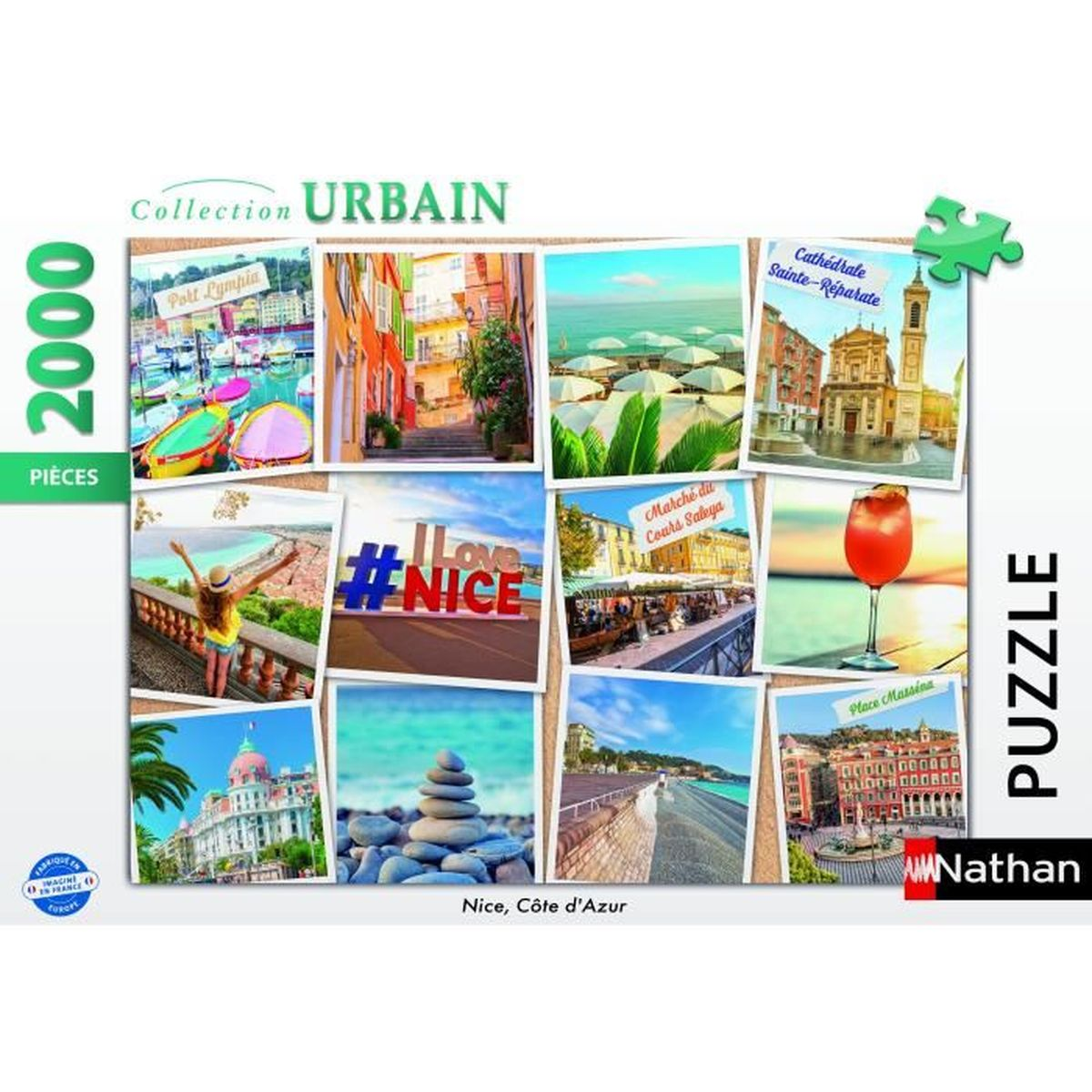 Collage di Nizza: porto, vicoli, spiaggia, mercato, edifici e un drink.