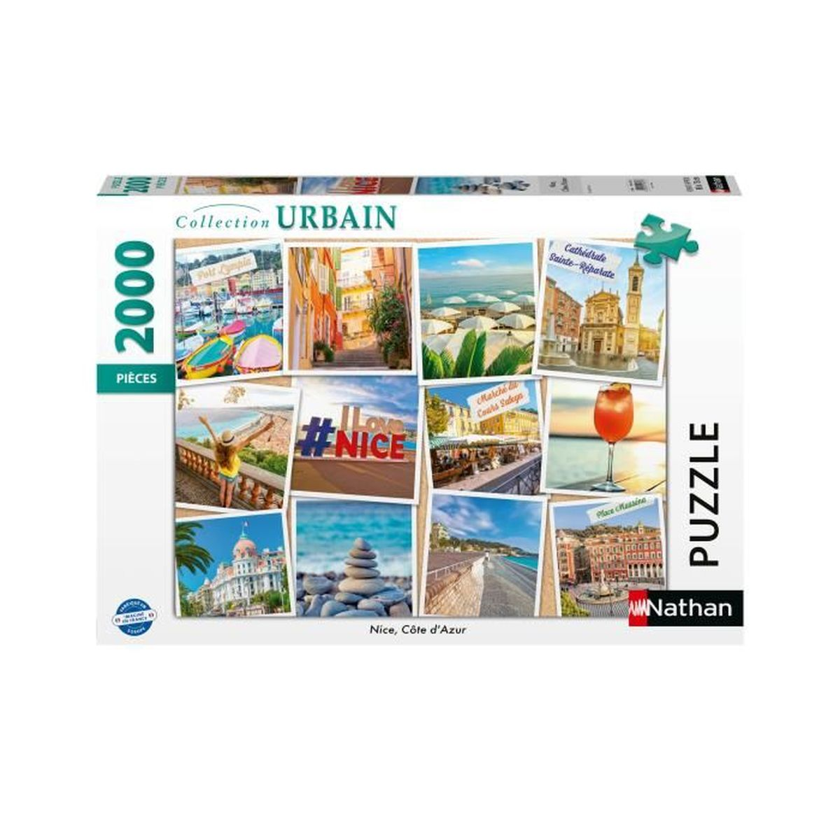 Scatola di puzzle con 12 immagini di Nizza, Francia, tra cui barche, strade ed edifici.