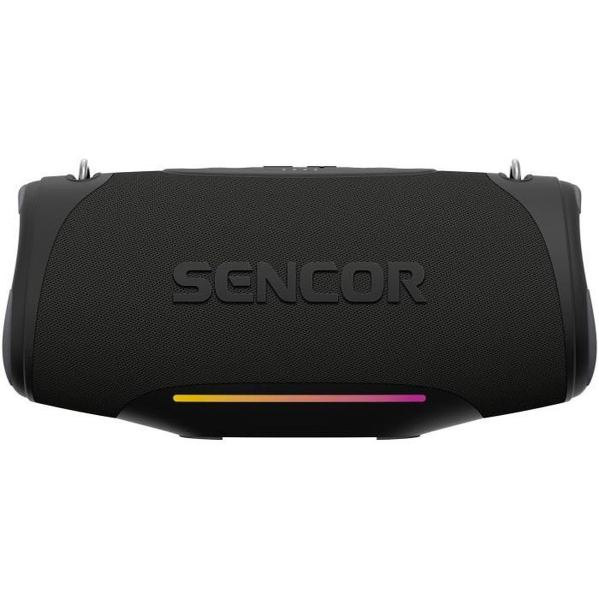 Altoparlante Sencor nero con striscia LED colorata.