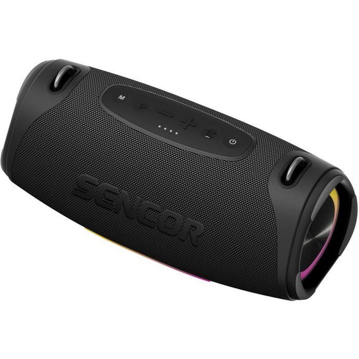 Altoparlante Bluetooth SENCOR nero con pulsanti di controllo e luci colorate.