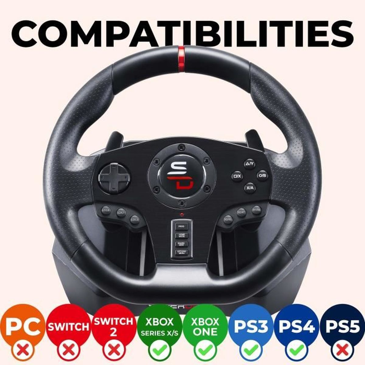 Ein schwarzes Gaming-Lenkrad mit vielen Tasten und einem Logo oben.