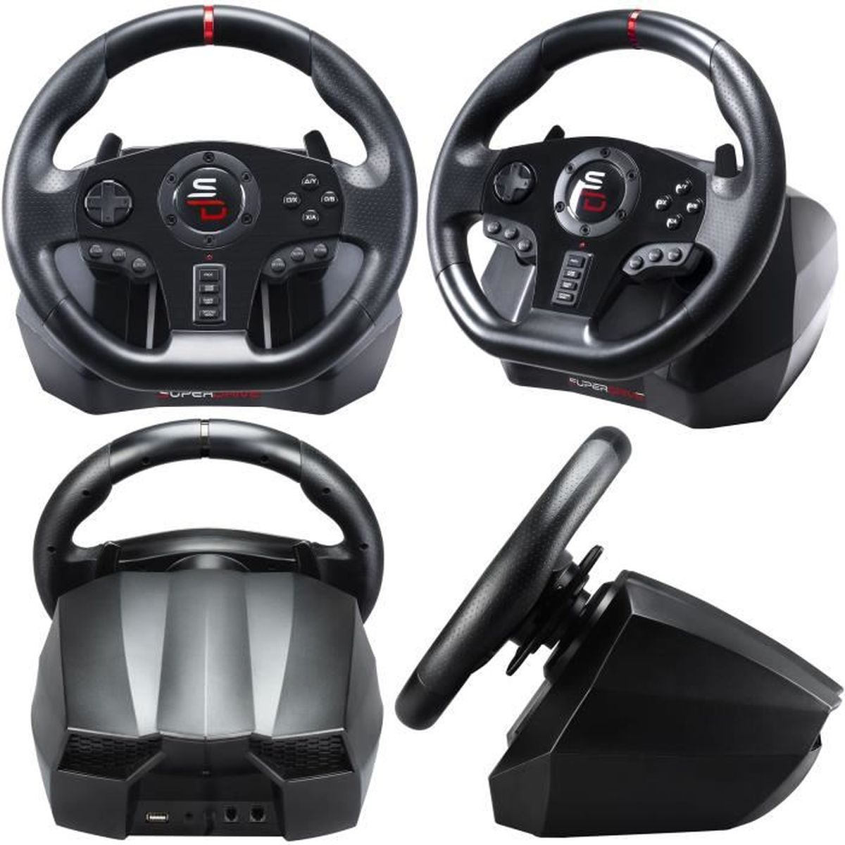 Vier Ansichten eines schwarzen Gaming-Lenkrads mit Pedalen und Basis.