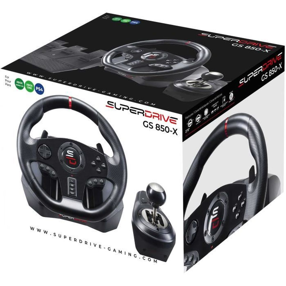 Ein Superdrive GS 850-X Rennlenkrad- und Schaltknüppel-Set auf schwarzer Verpackung.