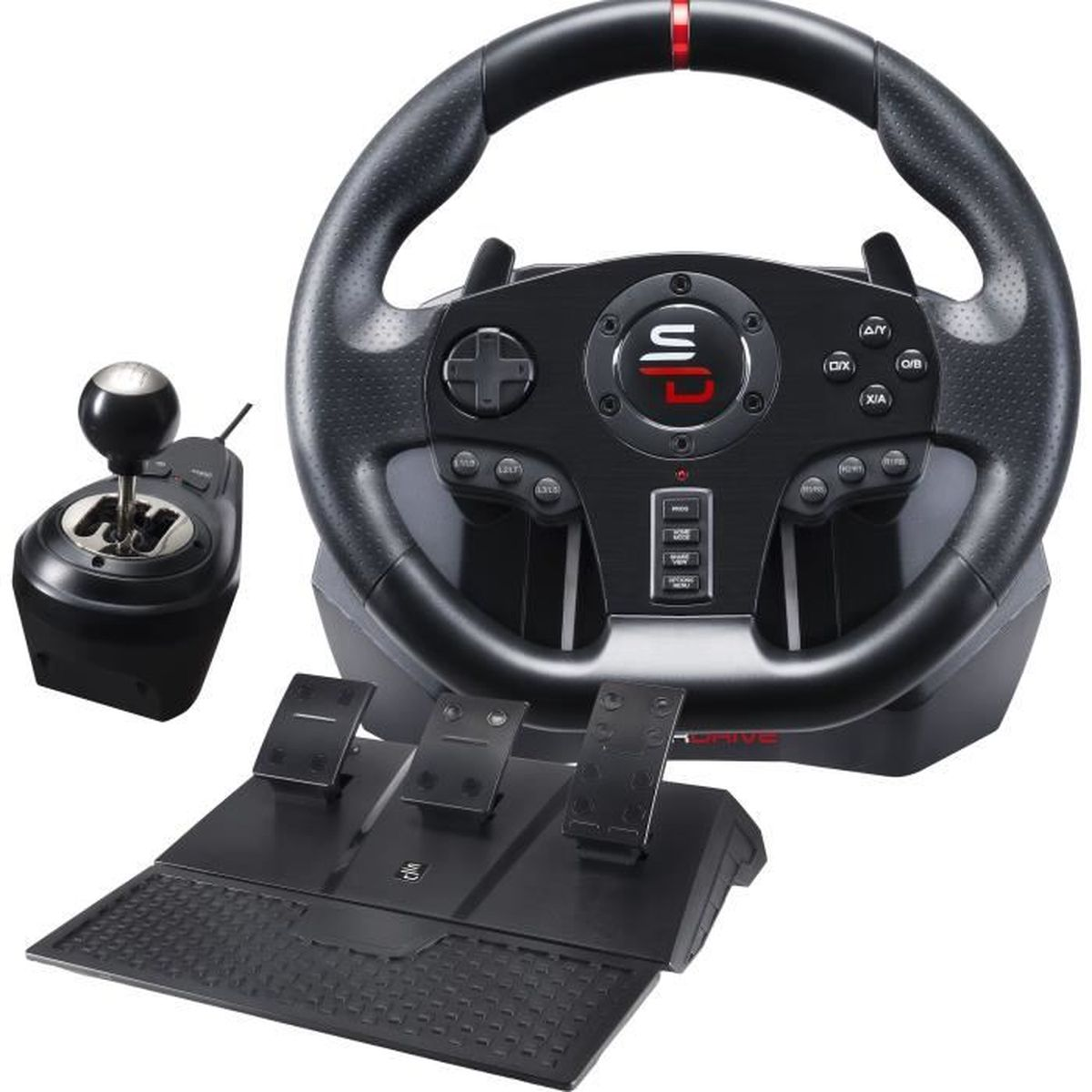 Ein schwarzer Rennlenkrad-Controller mit Schalthebel und Pedalen.