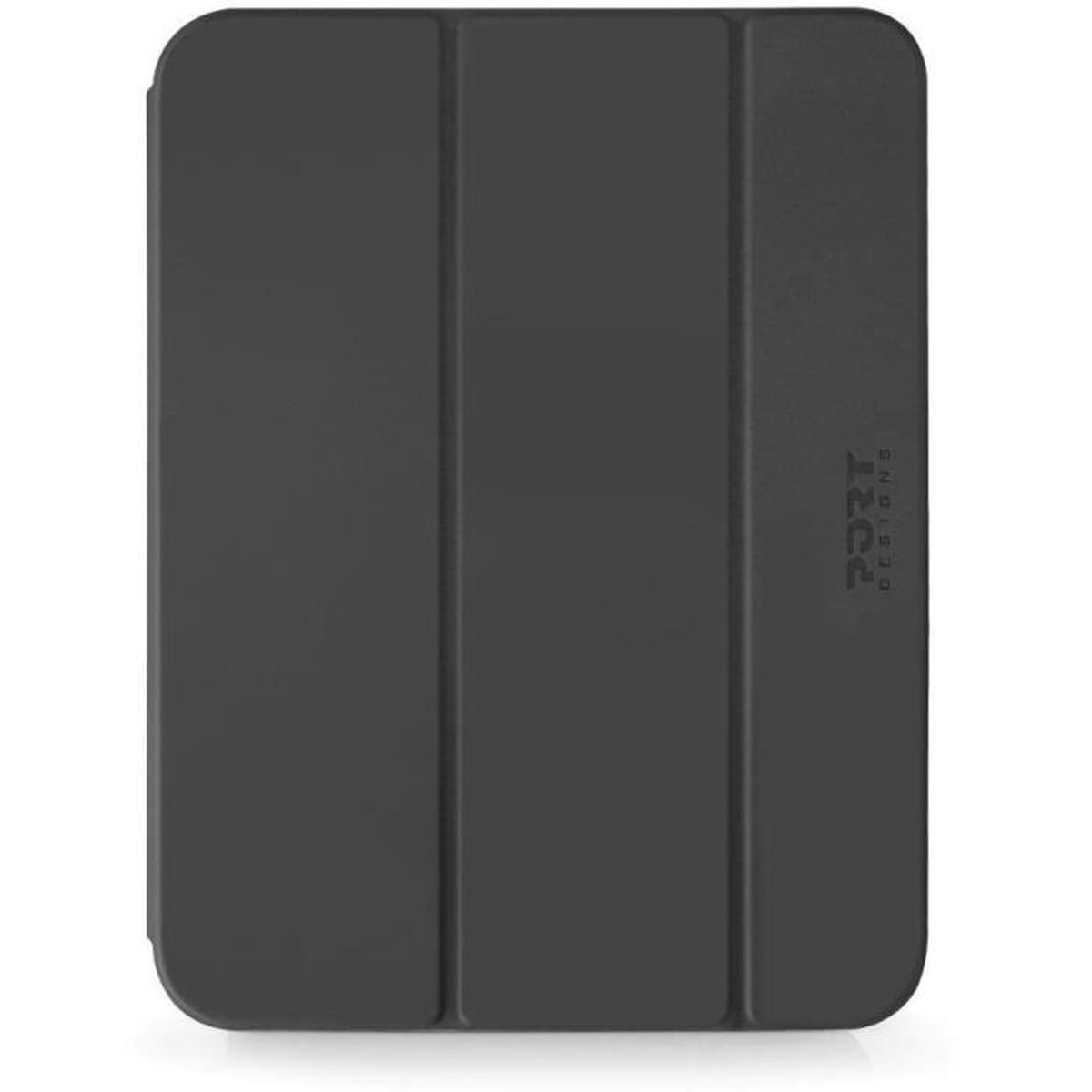 Dunkelgraues Tablet-Etui mit drei horizontalen Falten und Logo.