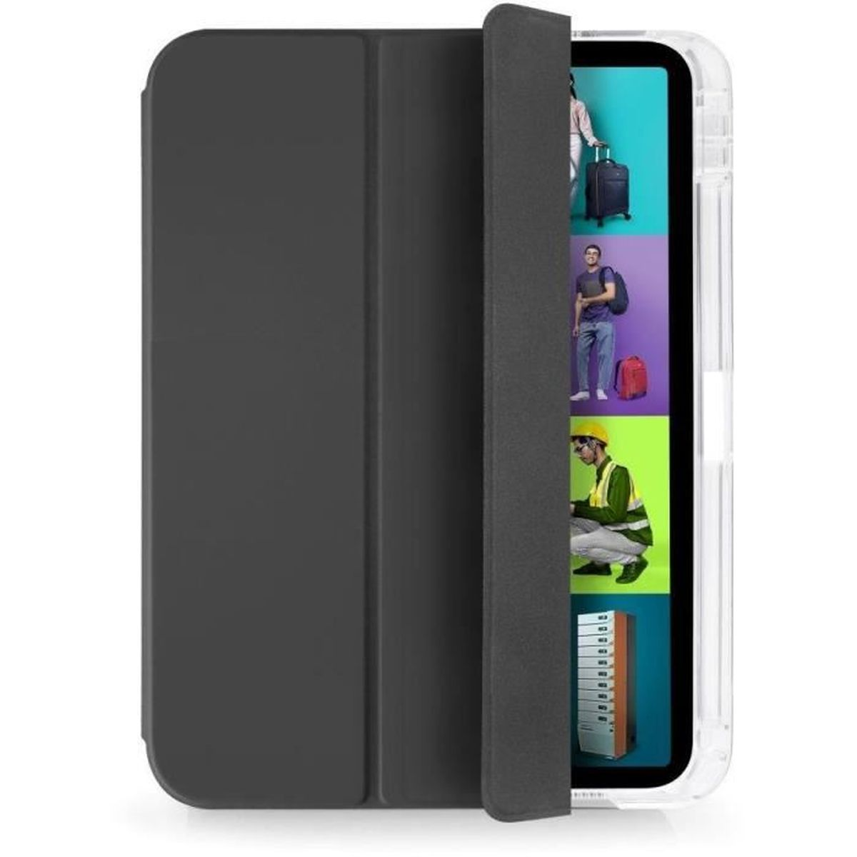 Ein dunkler Tablet-Ständer mit vier Bildern von Personen im Inneren.