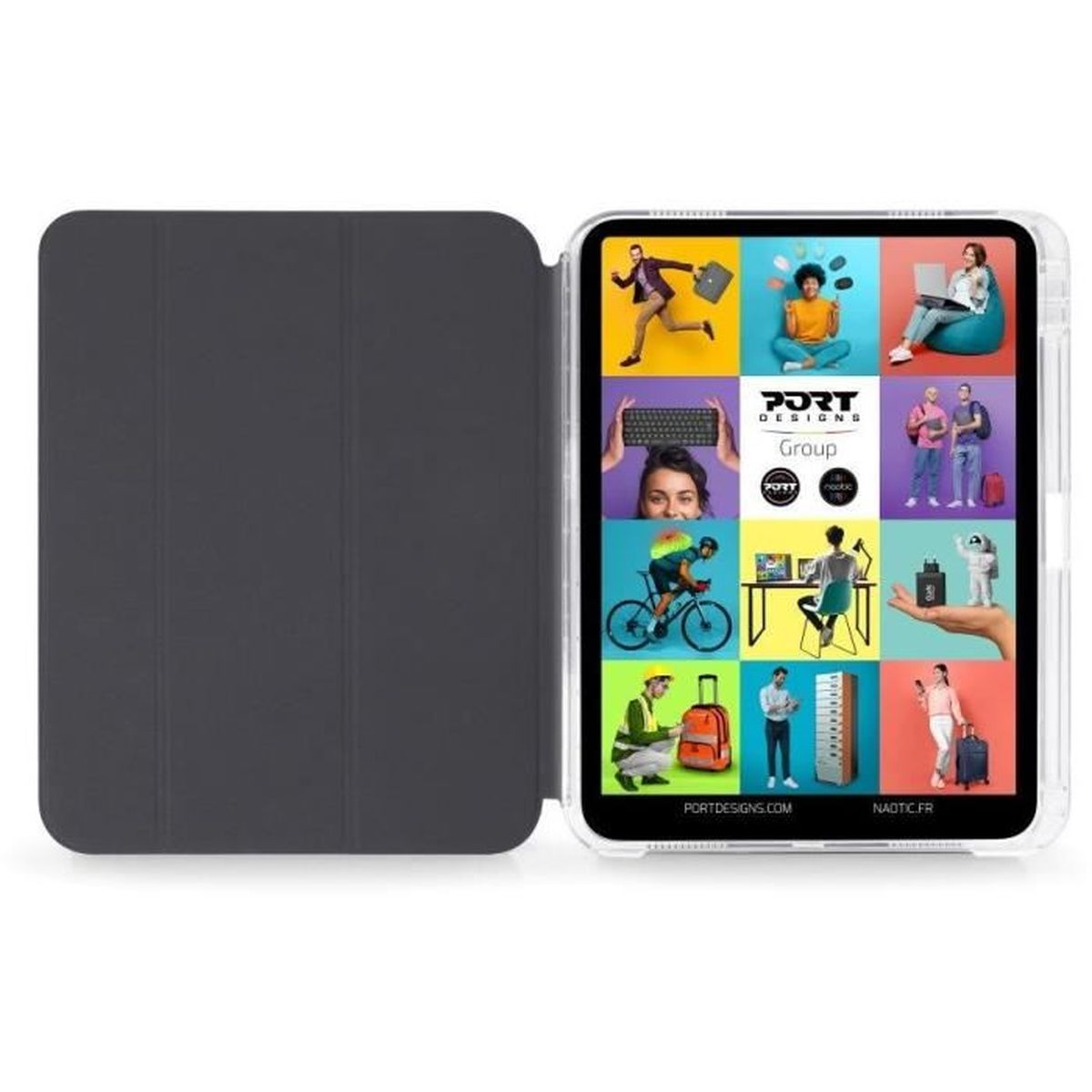 Ein Tablet mit einem dunklen Gehäuse und einem Bildschirm mit 9 Kacheln, die verschiedene Szenen zeigen.