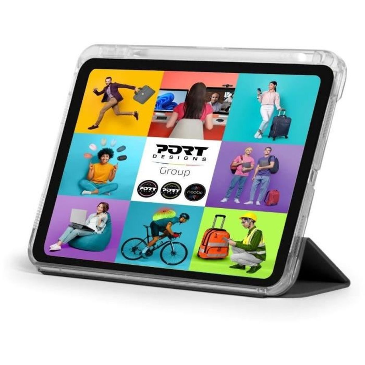 Ein Tablet zeigt neun Bilder von Menschen bei der Arbeit, Radfahren, Reisen und Entspannung.