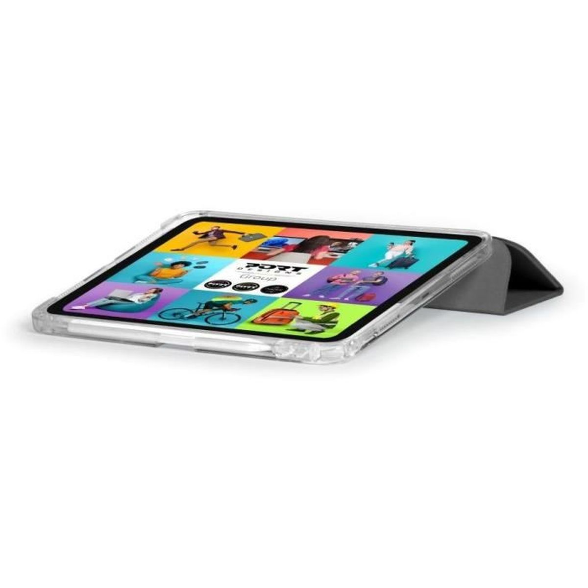 Tablet mit Hülle zeigt bunte Icons: Menschen, Rad, Koffer, Logo.