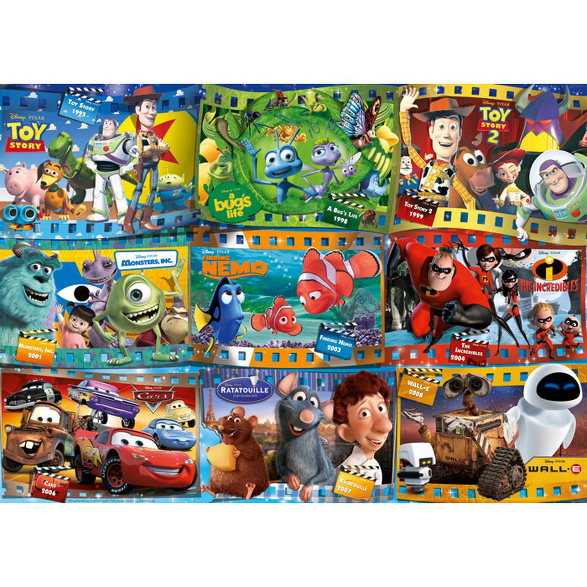 Collage di film Pixar: Toy Story, A Bug's Life, Nemo, Monsters & Co., Cars, Ratatouille, Wall-E, Gli Incredibili.