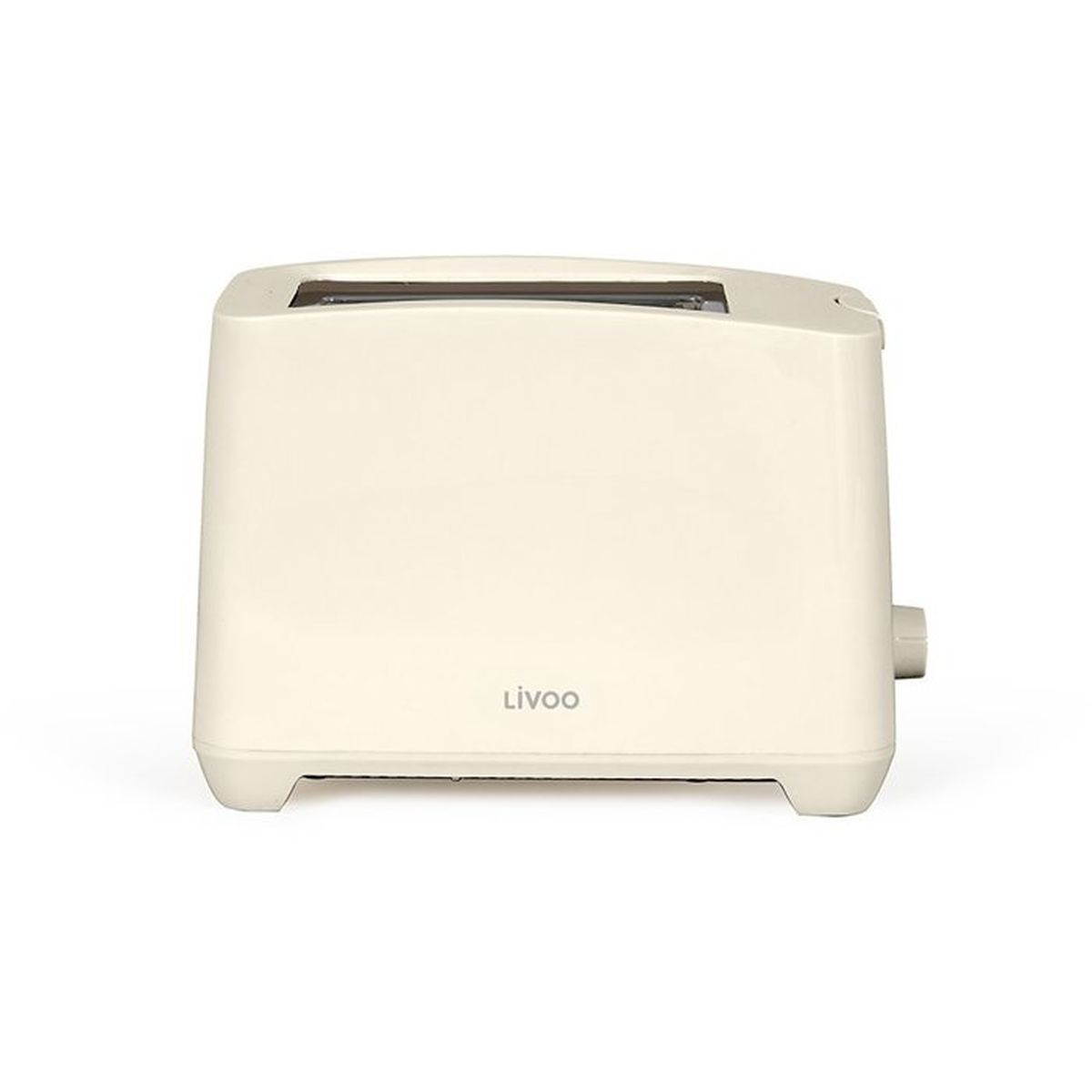 Ein cremefarbener Toaster mit dem Livoo-Logo auf weißem Hintergrund.