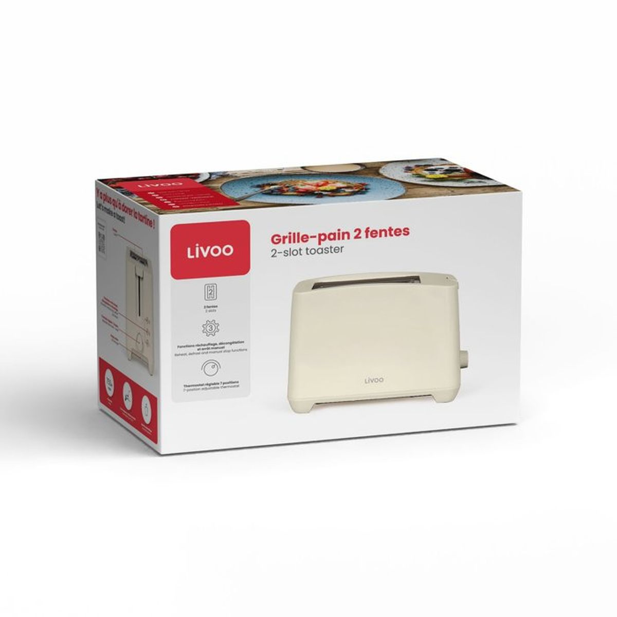 Verpackung eines cremefarbenen 2-Schlitz-Toasters von Livoo mit Produktabbildungen.