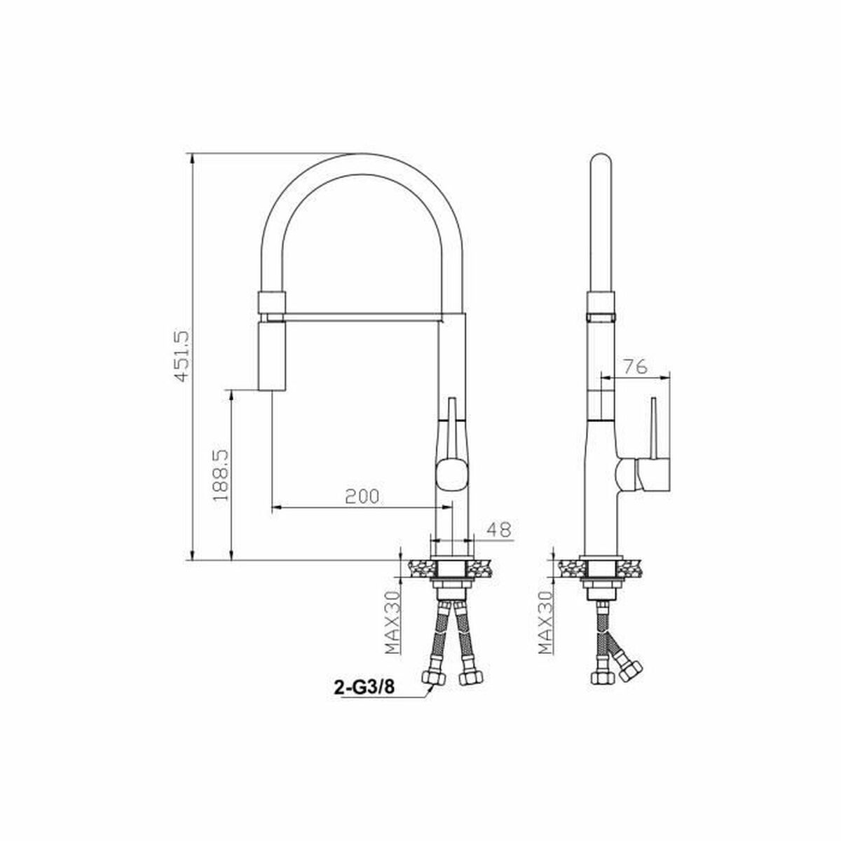 Disegno tecnico di un rubinetto con dimensioni e connessioni.