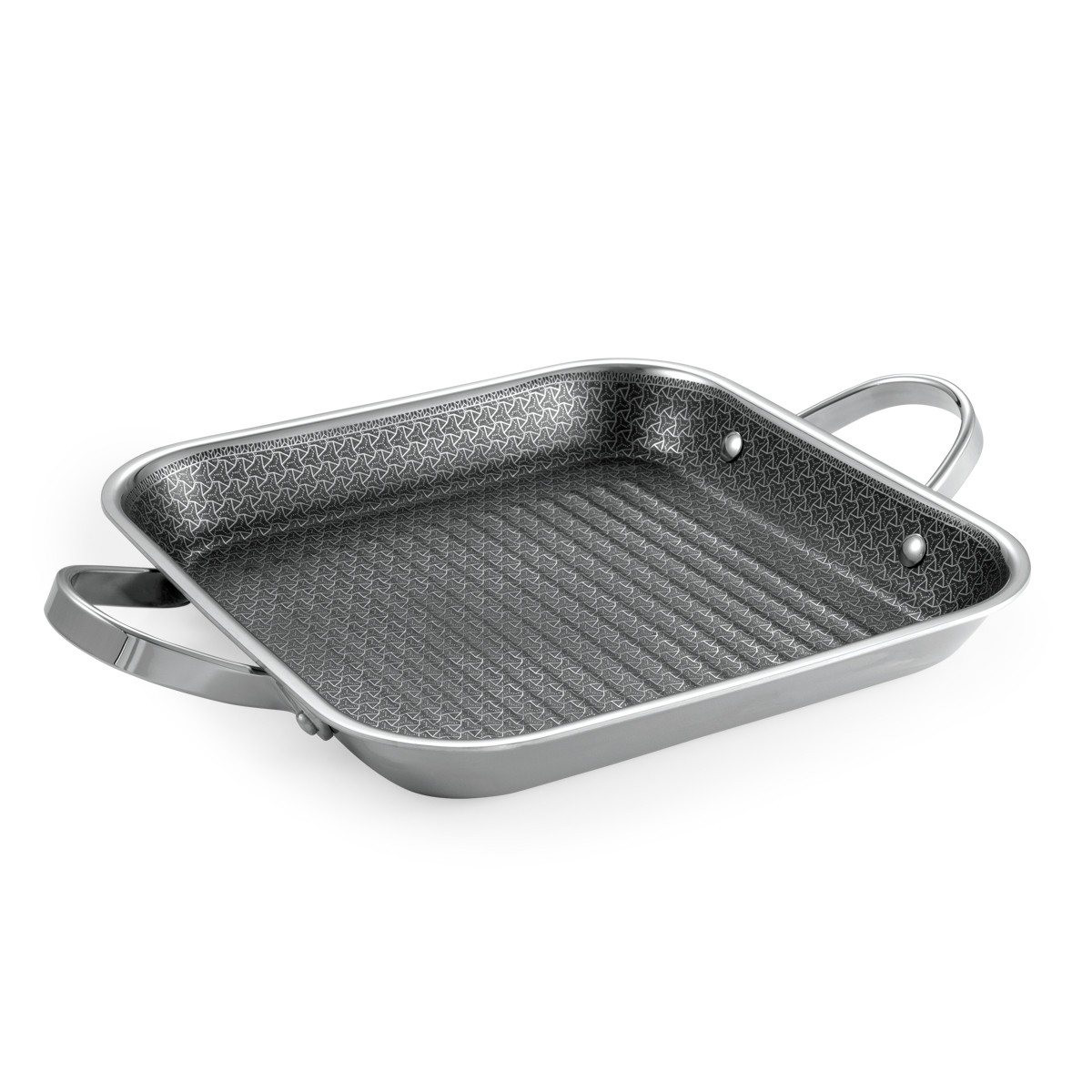 Eine silberne Grillpfanne mit zwei Griffen und einem gemusterten Innenraum.