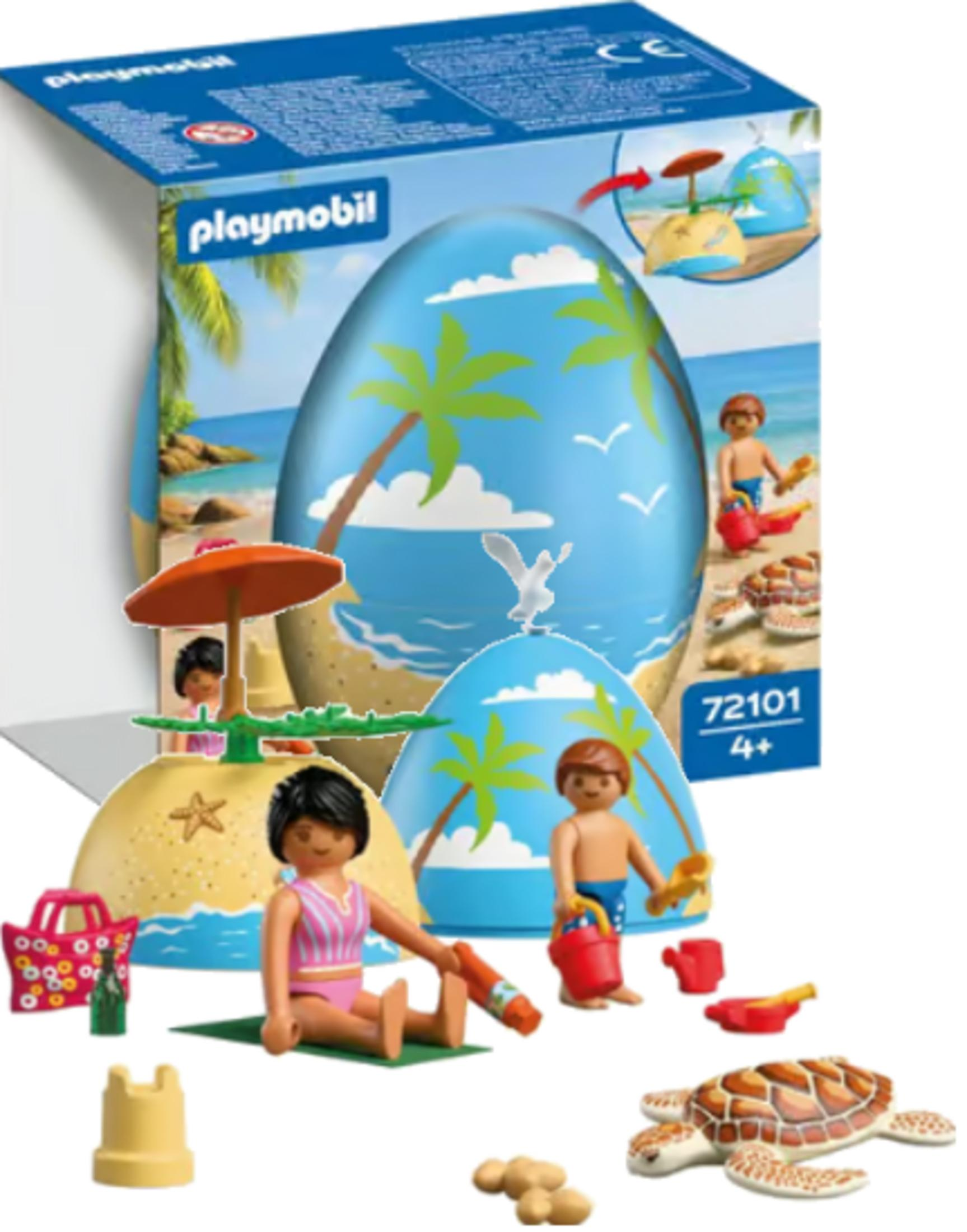 Set de playa Playmobil con figuras, tortuga, castillo de arena y sombrilla.