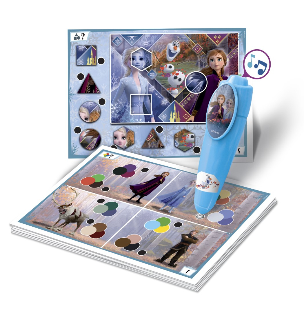 Elektronisches Spiel im Frozen-Design mit Charakterkarten, blauem Stift und Puzzleteilen.
