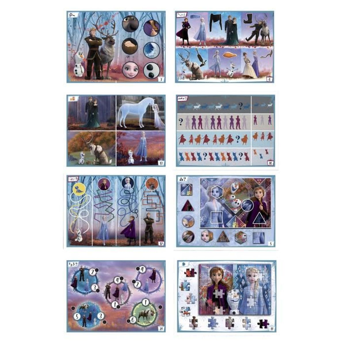 Szenen aus Frozen mit Charakteren wie Elsa, Anna, Kristoff und Sven.