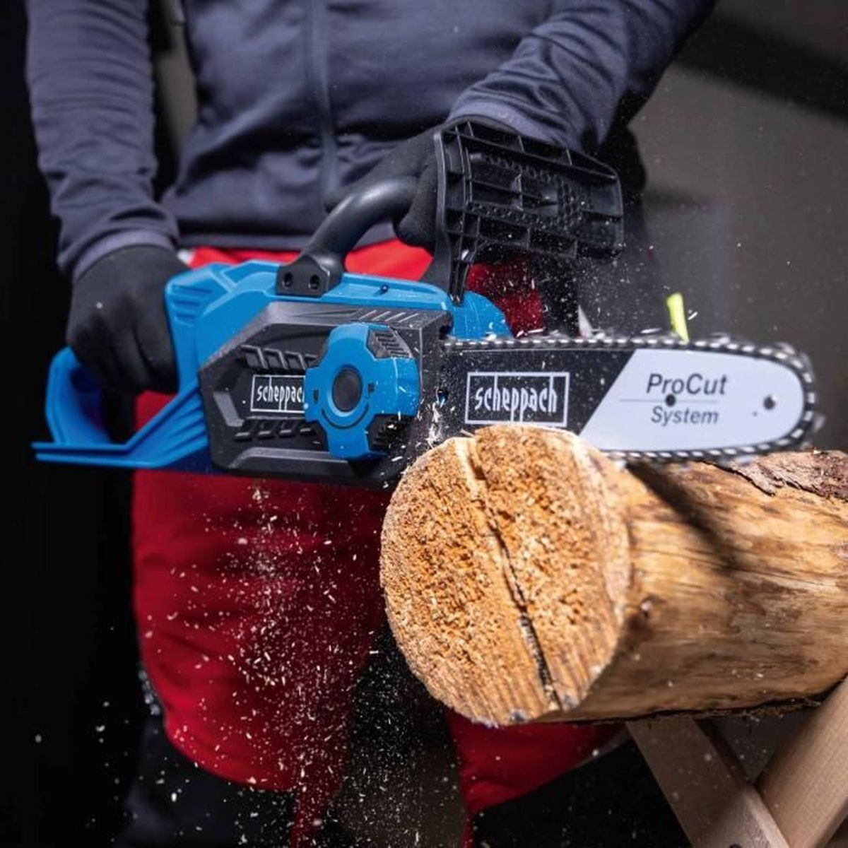 Eine blaue Kettensäge schneidet ein Holzstück. Sägespäne fliegen.