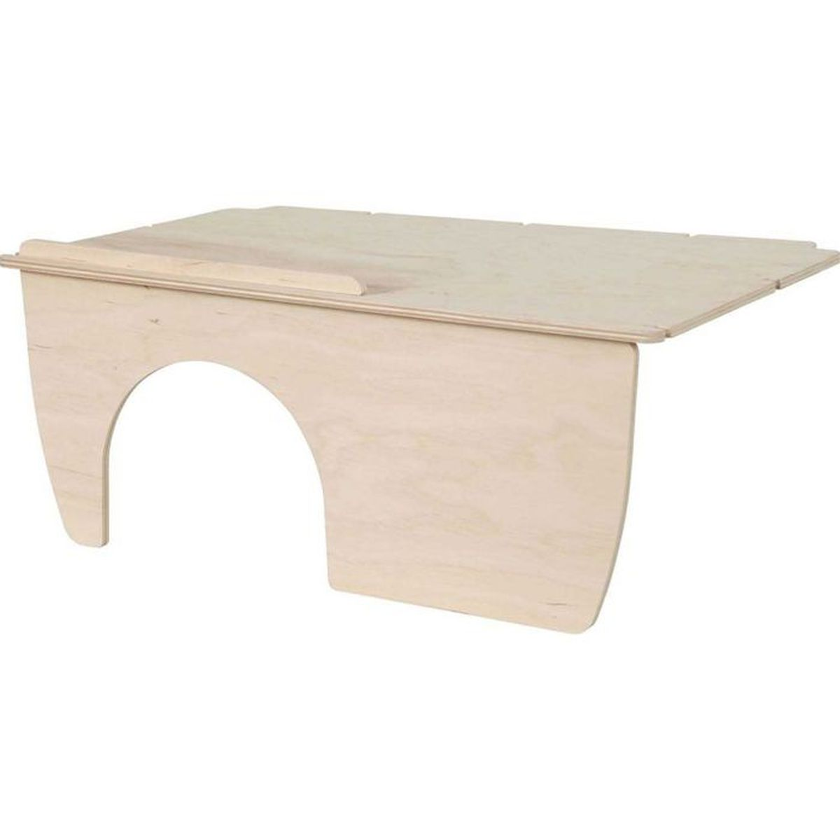 Ein heller Holztisch mit einer gewölbten Aussparung und einer erhöhten Kante.
