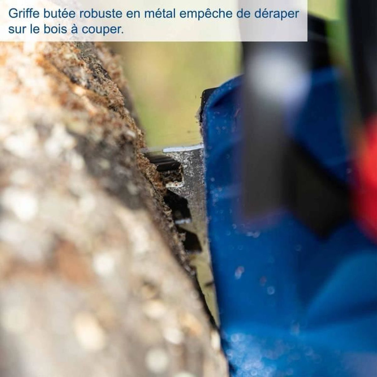 Scharfe Kette schneidet Holz, blauer Griff hält sie fest.