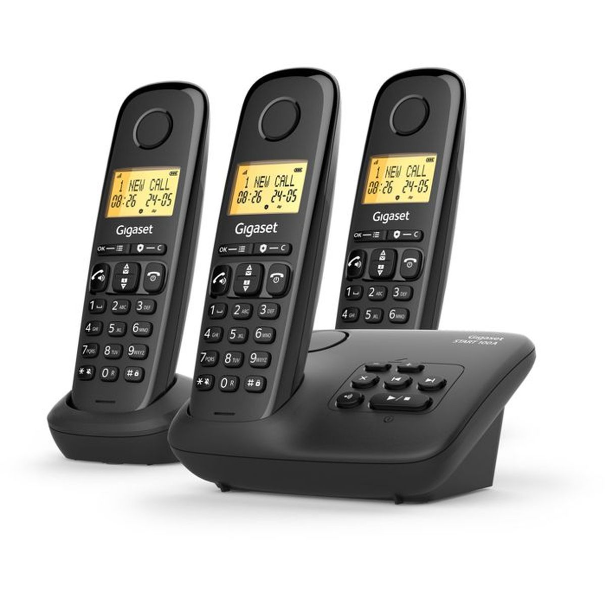 Tre telefoni Gigaset neri con base, i display mostrano nuove chiamate.