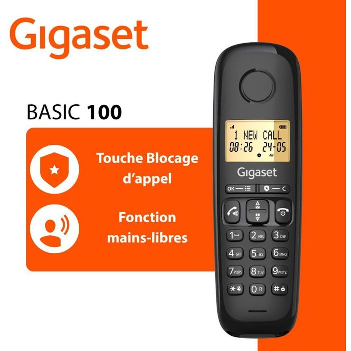 Telefono cordless Gigaset BASIC 100 con blocco chiamate e vivavoce.