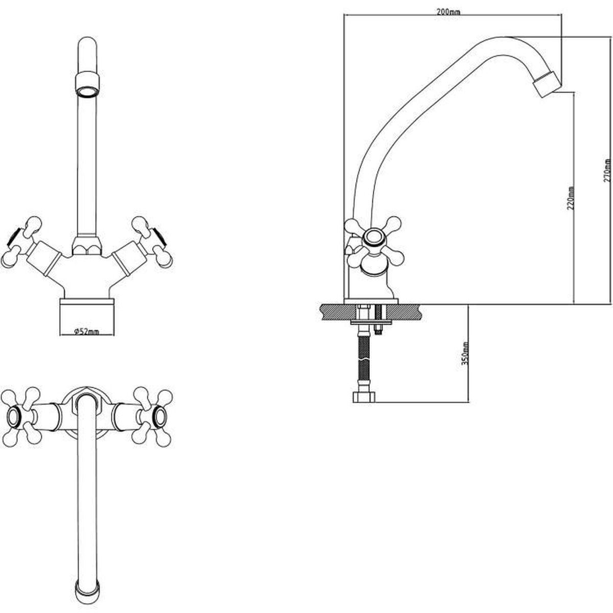 Disegno tecnico di un rubinetto con dimensioni e tre viste.