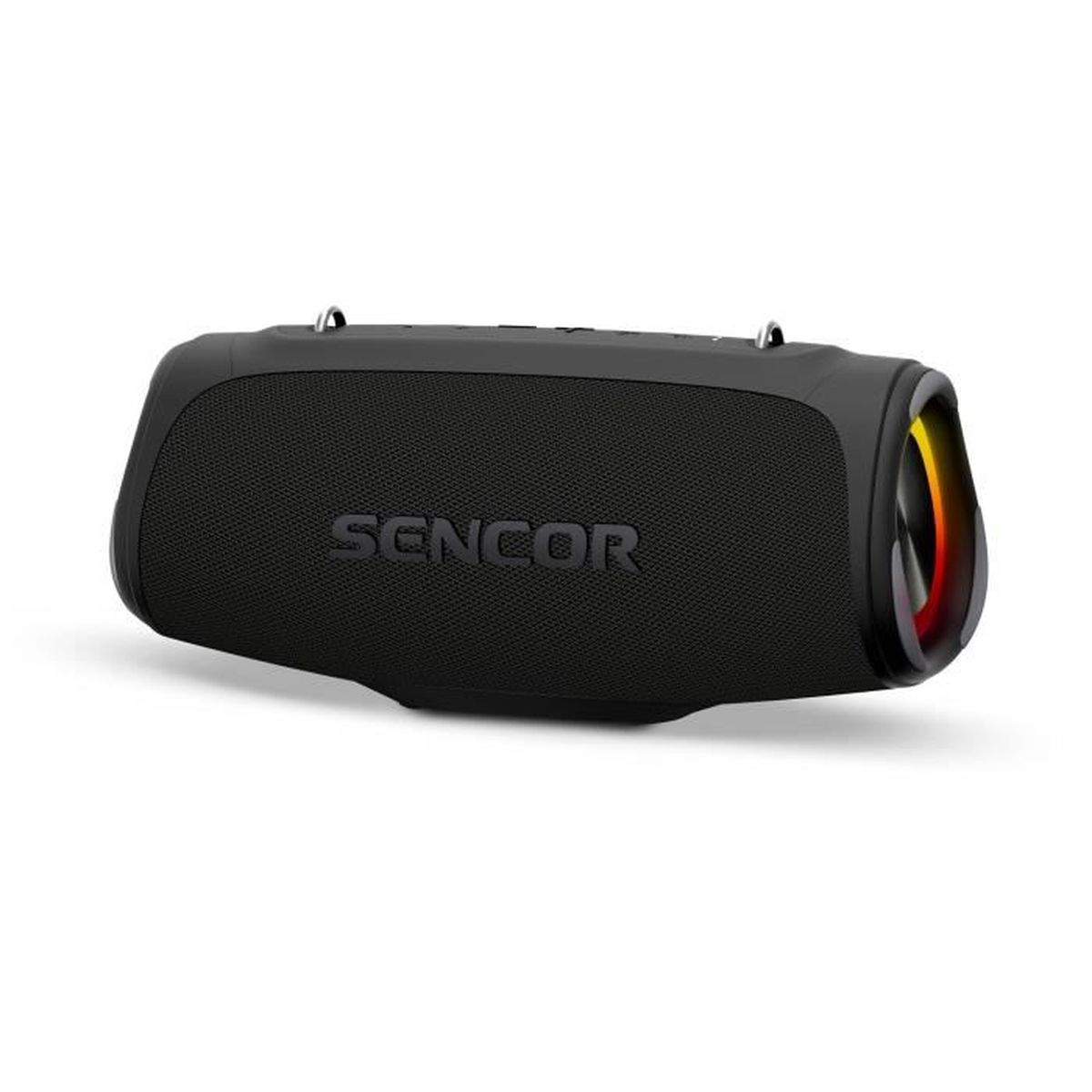 Altoparlante Bluetooth Sencor nero con luci colorate sul lato.