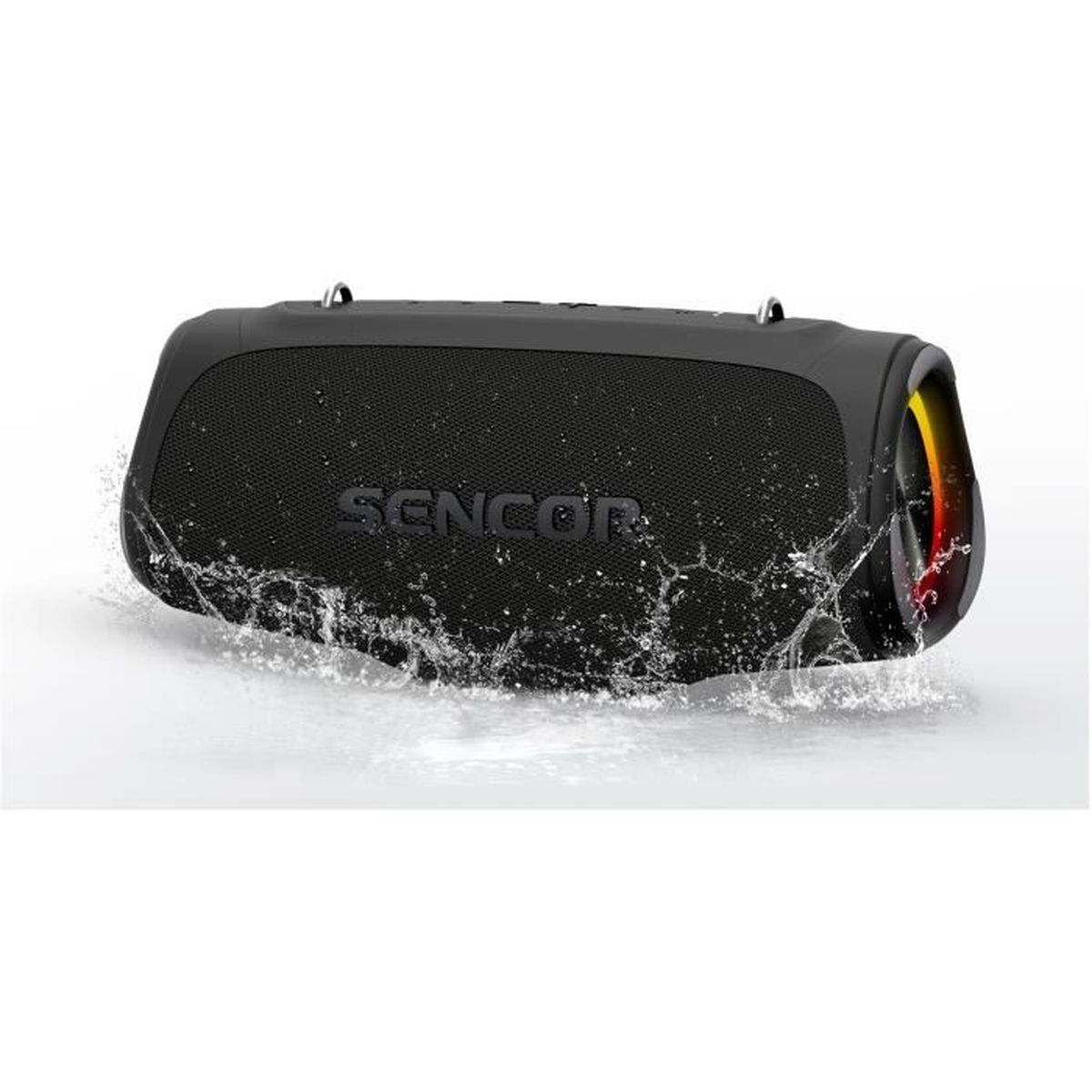 Altoparlante SENCOR nero con schizzi d'acqua e luci colorate.