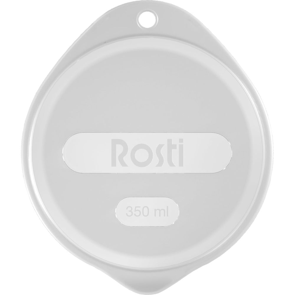 Grauer Rosti-Deckel mit 350 ml Angabe. Oben ein Loch.