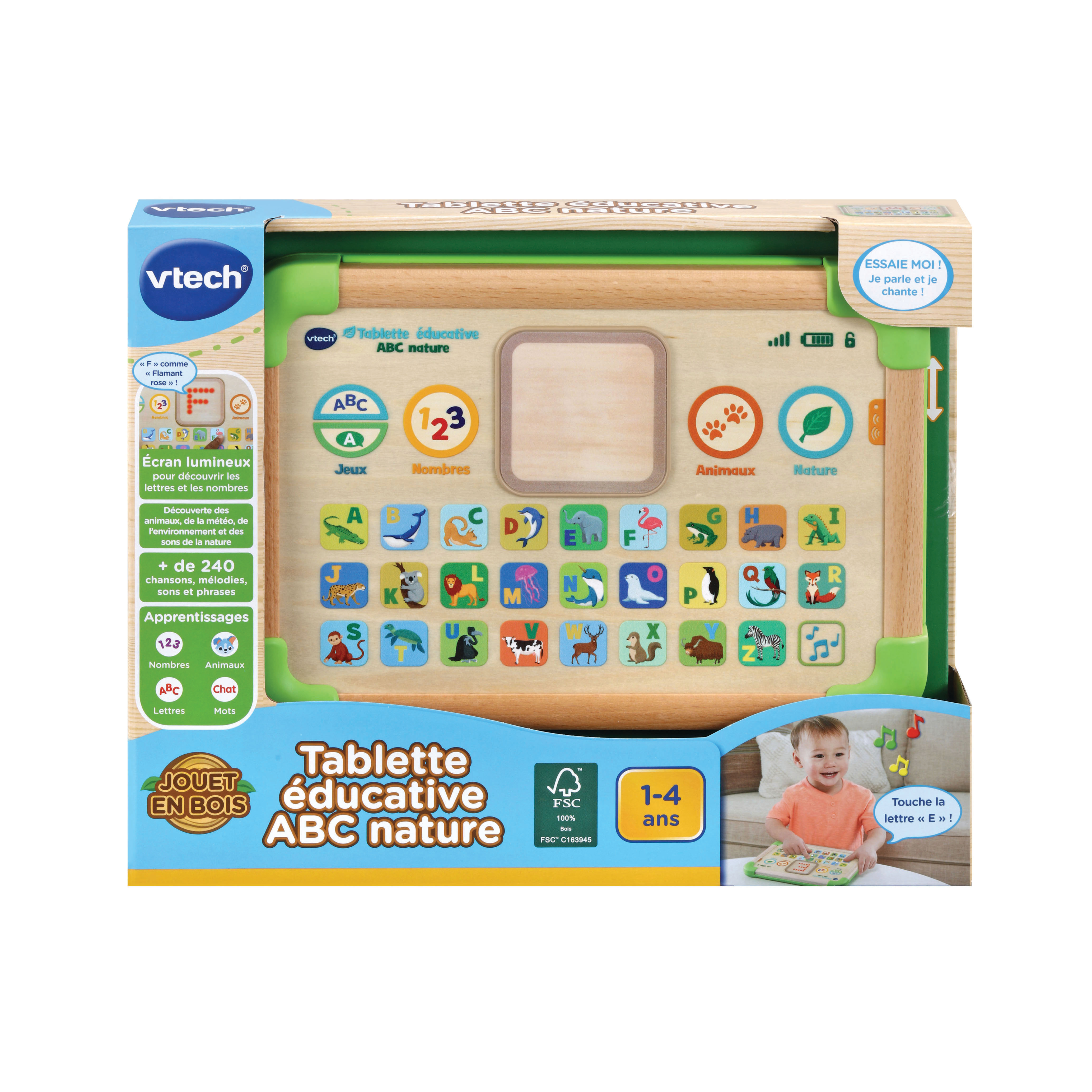 Une tablette éducative en bois avec des lettres, des chiffres et des animaux.