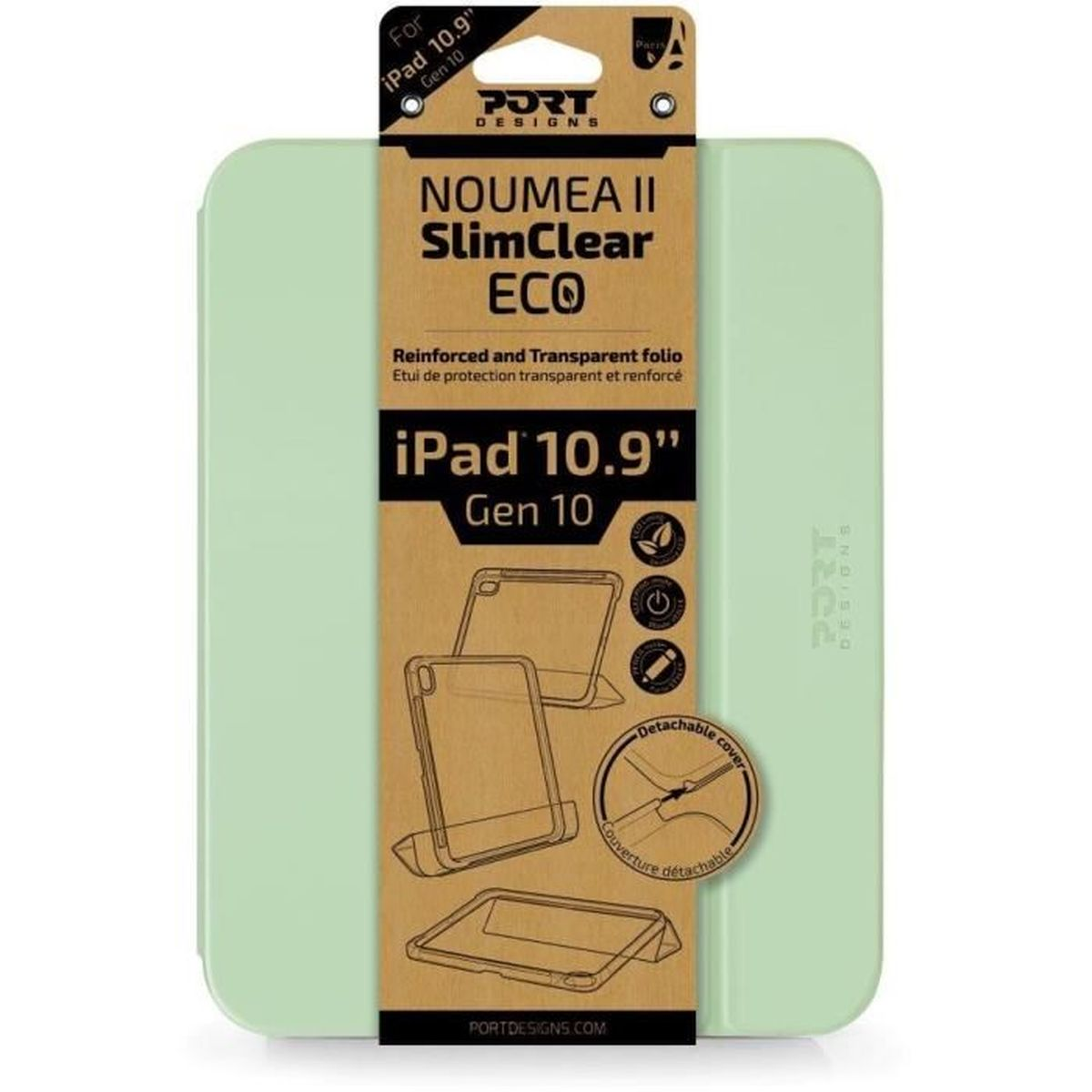 Hellgrüne iPad 10.9" Gen 10 Hülle mit Produktinformationen und Grafiken.