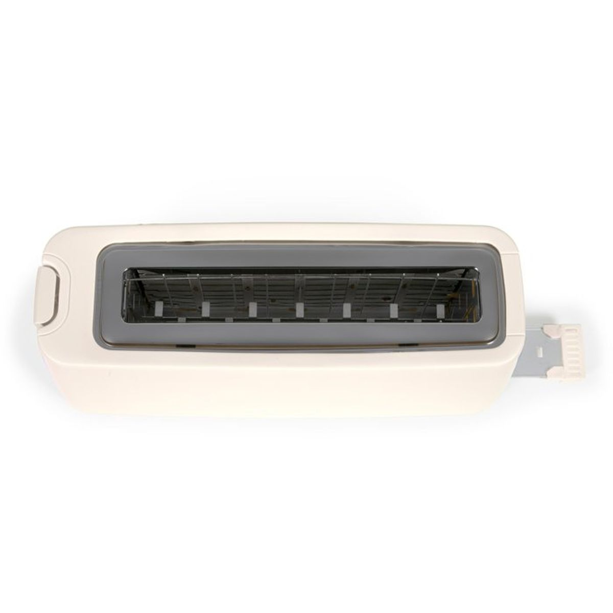 Ein cremefarbener Toaster mit vier Schlitzen und einem Krümelfach.